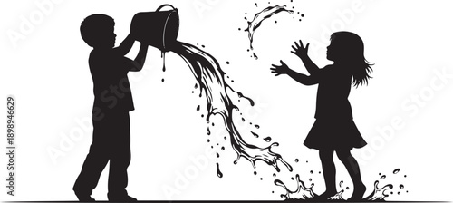Silhouette of a boy pouring water from a bucket onto a girl, showcasing playful water fights and summer fun.