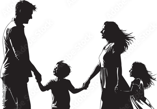 Silhouetted family holding hands and looking at each other, exuding love, connection, and happy family bonds.