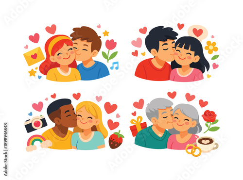 Romantic moments flat icon set. featuring couples kissing, love letters, music notes, gifts, roses, and hearts