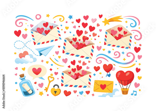 Love themed flat icon set. featuring hearts, envelopes, lock, key, paper plane, shooting star, and hot air balloon