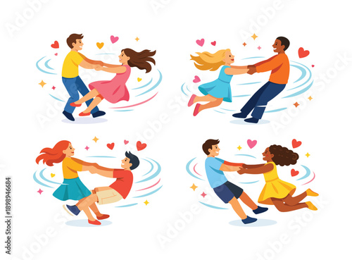 Dancing couples flat icon set. featuring romance, joy, happiness, swing, twirl, spin, partner, unity, and fun symbols