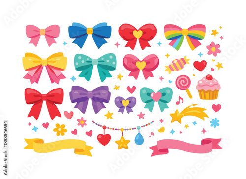 Celebration flat icon set. featuring bows, candies, stars, hearts, flowers, cupcake, ribbons, and comet symbols