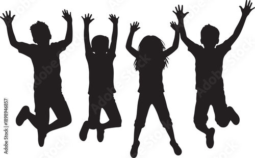 Four diverse children jumping joyfully in the air with arms raised, black silhouette illustration conveying excitement and freedom.