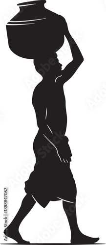 Silhouette of a man carrying a large water pot on his head while walking, illustrating labor and tradition.