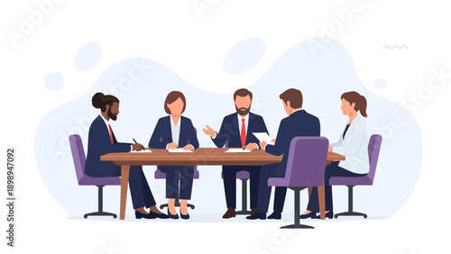 Diverse business team meeting around a conference table, discussing strategy
