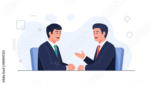 Two businessmen in suits talking, modern office meeting, business discussion, partnership concept