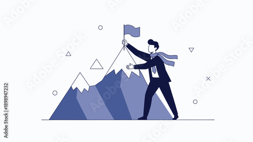 Businessman Standing on Mountain Peak Holding Flag, Achieving Success and Goal
