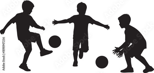 Three boys playing soccer, one kicking, one running, one catching, in silhouette, celebrating sports and teamwork.