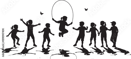 Children joyfully jump rope in a lively group scene, silhouetted, capturing the essence of childhood fun and outdoor play.
