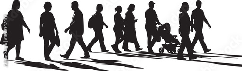 A diverse group of people walking in silhouette with shadows, representing pedestrian movement and everyday life.