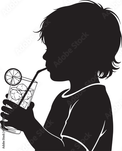 Silhouette of a young boy drinking a refreshing beverage with ice and lemon, illustrated with comic book style.