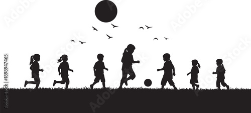 Children playing soccer in a field at dusk with a large moon, silhouetted, creating a magical and nostalgic atmosphere.