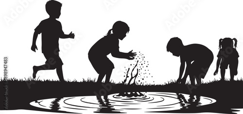 Children's silhouette playing with water and grass in a puddle, summer outdoor fun, isolated on white background