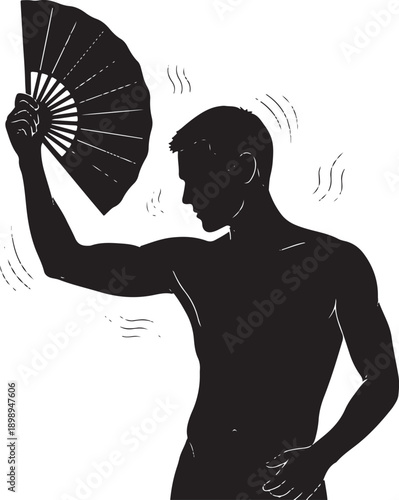 Man silhouette with a folding fan, expressive pose, isolated on white background, stylized illustration