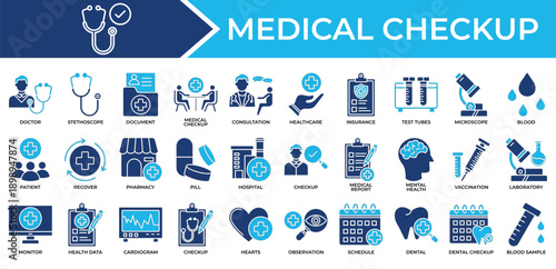 Medical checkup icon set collection. Containing mental, interview, checkup, lab, monitor, report, stethoscope .Solid vector icons collection