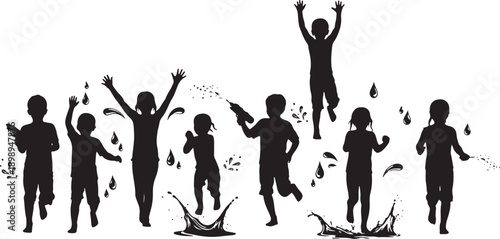 Children silhouetted playing with water guns and splashing water, summer fun, outdoor party, isolated illustration