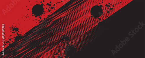 Black and red abstract background with brushstroke and halftone style.