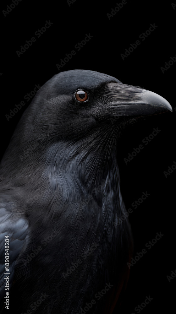 Obraz premium Close-up portrait of a black raven with dark brown eyes against a black background