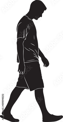 Young man silhouette walking with a sad or pensive expression, isolated on white background, graphic illustration