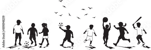 Group of children silhouetted playing sports, baseball, soccer, volleyball, active lifestyle, isolated illustration
