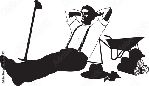 Silhouette of a man relaxing with a shovel and wheelbarrow, suggesting a break from manual labor or a satisfied worker.