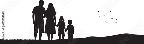 Silhouette of a family standing together on a hill watching birds fly in the sky, evoking peace and connection.