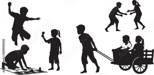 Collage of silhouette children playing various outdoor games like hopscotch, tag, and riding in a wagon, celebrating childhood.