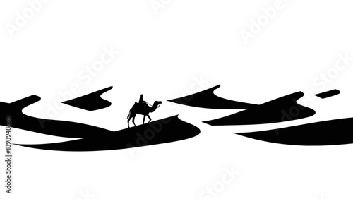 Iconic vector silhouette of desert dunes with a lone camel and rider journeying. transparent.
