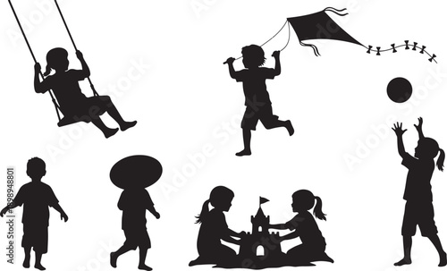 Collection of diverse children's silhouettes engaged in various outdoor activities like swinging, flying a kite, and building a sandcastle.