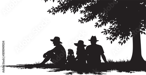 Silhouette of a family sitting under a large tree's shade on a sunny day, enjoying a peaceful moment together.