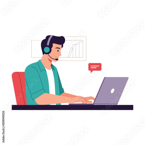 Man with headset working on laptop, online communication concept