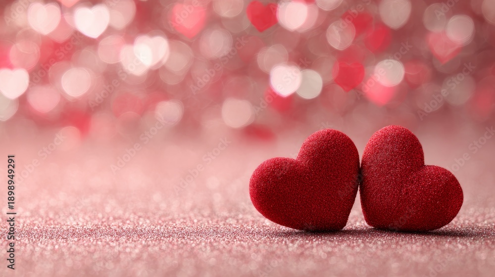 Obraz premium red hearts on a pink glitter background, small heart-shaped bokeh lights