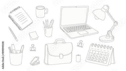 Office Essentials Sketch: A collection of office essentials, meticulously sketched, presents a variety of tools crucial for everyday work. From a shining laptop to the useful paper pad.