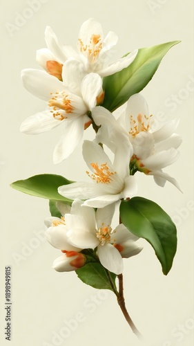Elegant neroli flowers with lush green leaves, perfect for fragrance, skincare, and commercial design projects needing a fresh, natural touch