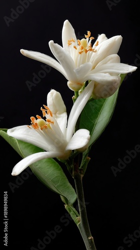 Elegant orange blossom with white petals and green leaves on black background, perfect for fragrance, beauty, and botanical commercial projects