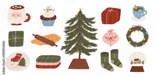 Collection of cozy Christmas illustrations with tree, presents, socks, cookies, rolling pin and holiday decorations for seasonal design projects. Winter decor. Vector hand drawn illustration.