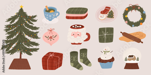 Christmas decor icons collection. Holiday illustration set with wreath, tree, gifts and winter decorations in warm cozy Christmas style. Vector hand drawn illustration.