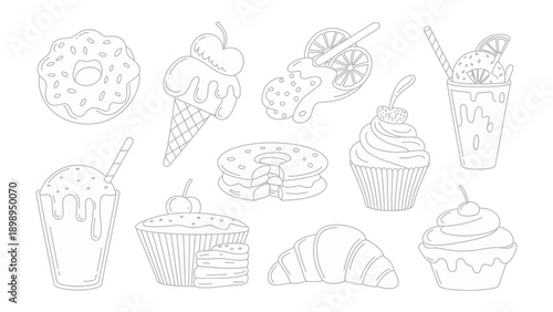 Sweet Treats Illustration: A delightful array of tempting sweets and pastries, each delicately outlined to highlight their unique shapes and textures.