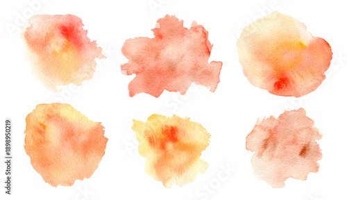 Set of bright orange and red watercolour gradient textured fluffy cloud shape stain backgrounds. Abstract warm colors wash technique watercolor blotch for nature sky concept, brush stroke texture
