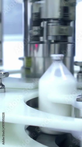 Automated Pharmaceutical Bottling Machine, Medicine Production Line, Factory Interior - 4K Vertical