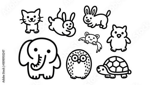 Whimsical Animal Lineup: A collection of adorable animal illustrations in a charming, playful style, perfect for adding a touch of delight.