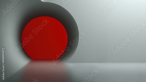 Abstract 3D red circle portal grey wall curved tunnel. Minimalist geometric modern background, futuristic technology sphere, clean copy space contrast.