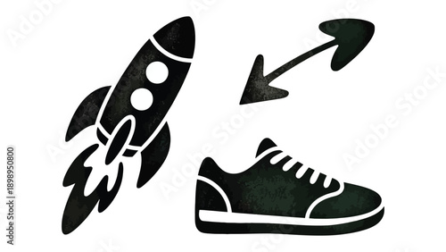 Silhouette of Innovation: Rocket, shoe, and arrow illustrations symbolize concepts of rapid advancement, fitness, and direction.