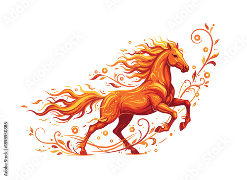 Digital illustration of a running orange horse with flowing mane and tail, surrounded by swirling floral patterns and leaves on a white background.