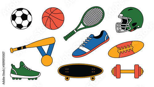 Sports Equipment Collage: An eye-level shot captures a vibrant collection of various sports equipment, each item representing a different game or activity. The collage.