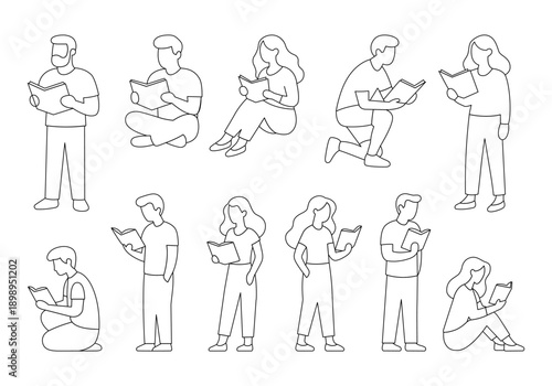 Outline vector set of people reading books in various poses. Linear black illustration for education or lifestyle concepts