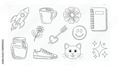Sketch Collection: A set of delightful hand-drawn sketches, capturing the essence of various charming elements, including a rocket, mug, flower, love arrow, smiling face, notebook, glass jar, shoe.