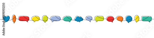 Continuous line art with multiple colorful speech bubbles. Modern minimalist outline design for diversity, chat and communication themes