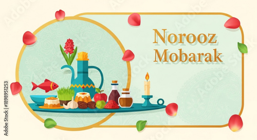 Traditional persian nowruz celebration with symbolic items on a decorative tray