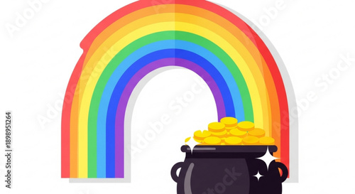 Vibrant rainbow leads to a pot of gold on white background with sparkles